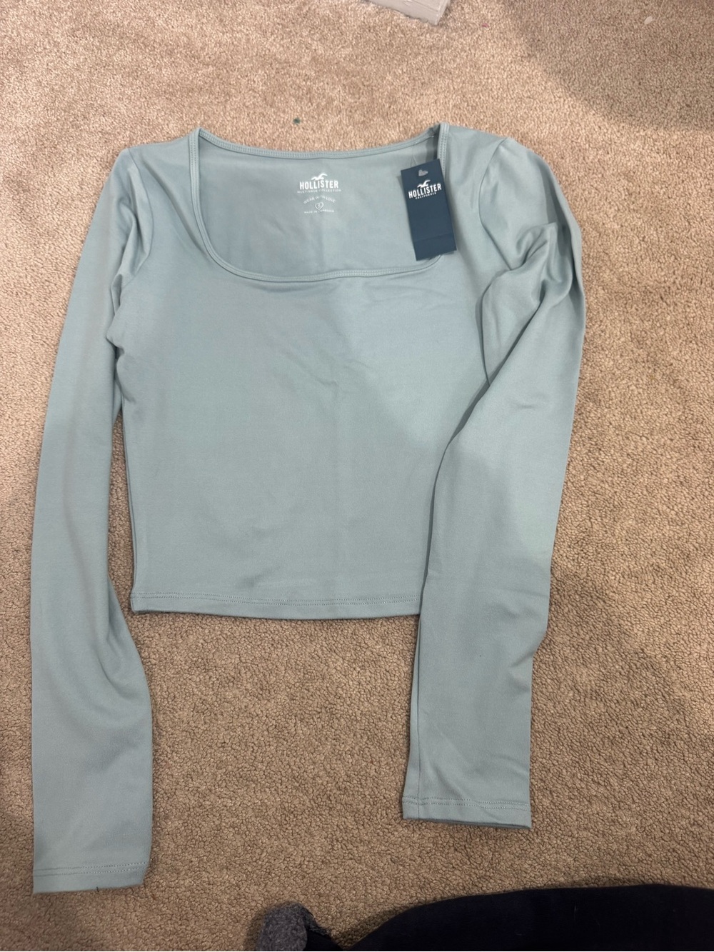 Hollister Sage Green Square Neck Long Sleeve Crop Top